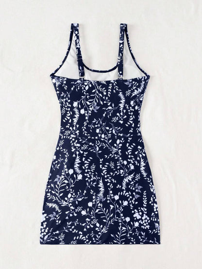 Swim Lushoire 1pc Women Plants Print Tie Side One-Piece Swimsuit, For Summer Beach Vacation