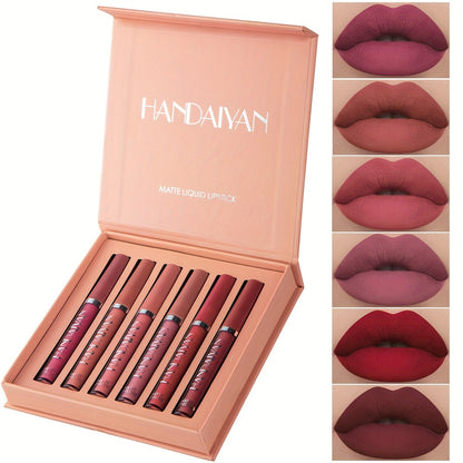6pcs HANDAIYAN Matte Liquid Lipstick Set - Waterproof Long-Lasting Full Coverage Lip Gloss, Non-Stick Formula with 6 Shades (, Nude, Burgundy, Deep, Plum,) - Lip Tint Kit for  Lips & All Light Types