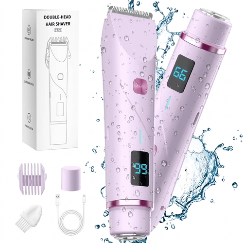 2-In-1 Electric Shaver for Women, Bikini Trimmer & Facial Hair Removal with LED Power Display, IPX7 Waterproof Wet & Dry Rechargeable Body Razor for Legs, Underarms, And Sensitive Areas