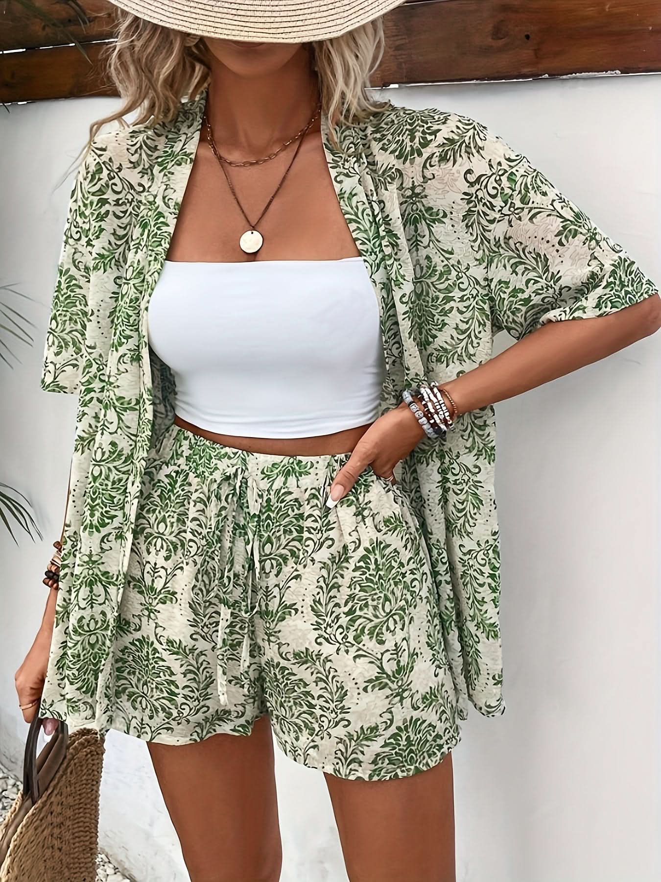 Elegant Two - Piece Set — Floral Cardigan & Tie - Detail Shorts - Maison Moriah