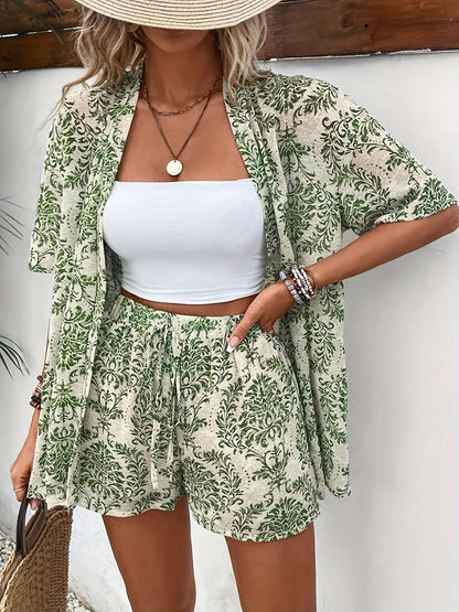 Elegant Two - Piece Set — Floral Cardigan & Tie - Detail Shorts - Maison Moriah