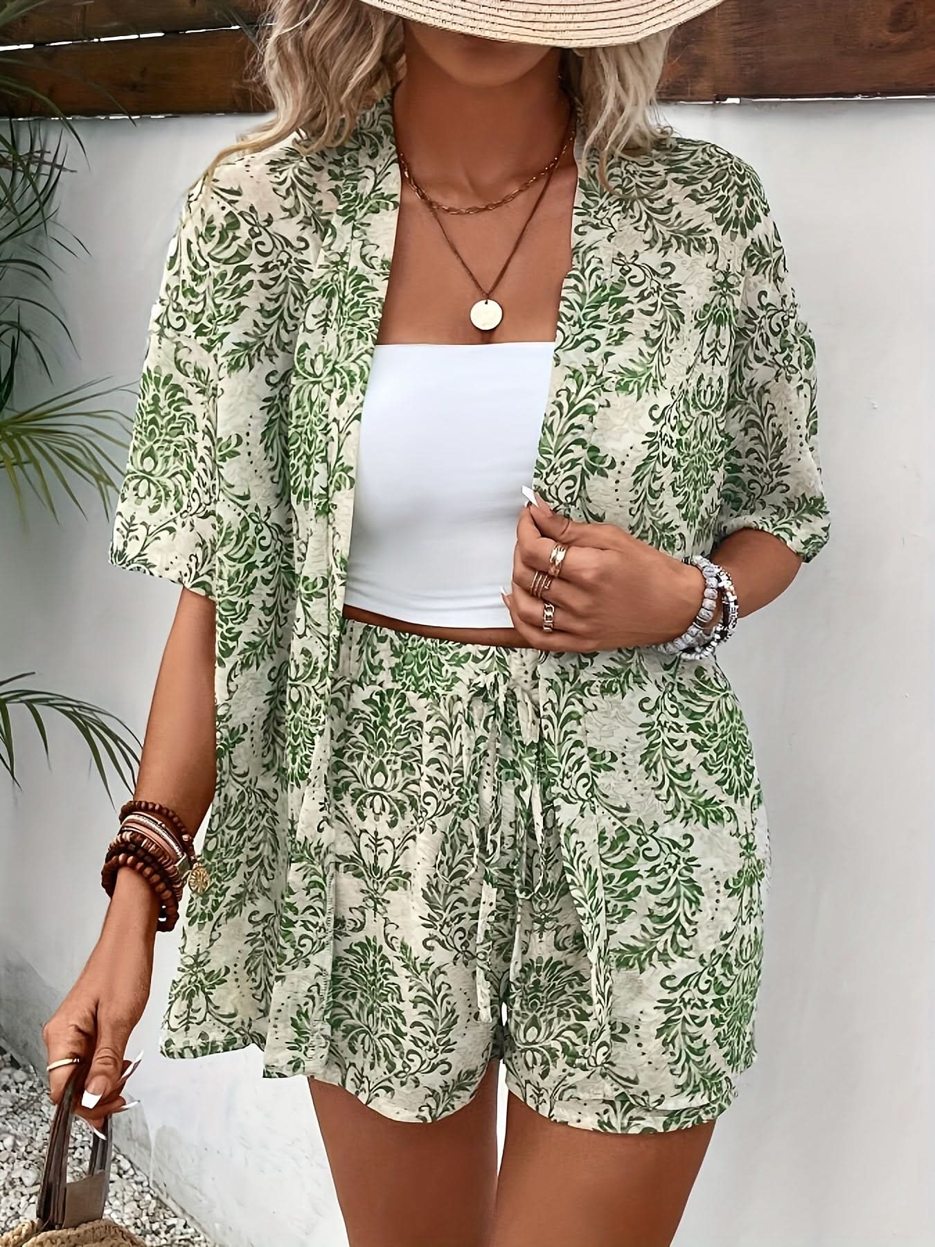 Elegant Two - Piece Set — Floral Cardigan & Tie - Detail Shorts - Maison Moriah