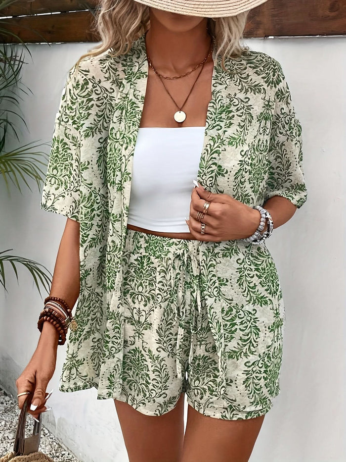 Elegant Two - Piece Set — Floral Cardigan & Tie - Detail Shorts - Maison Moriah