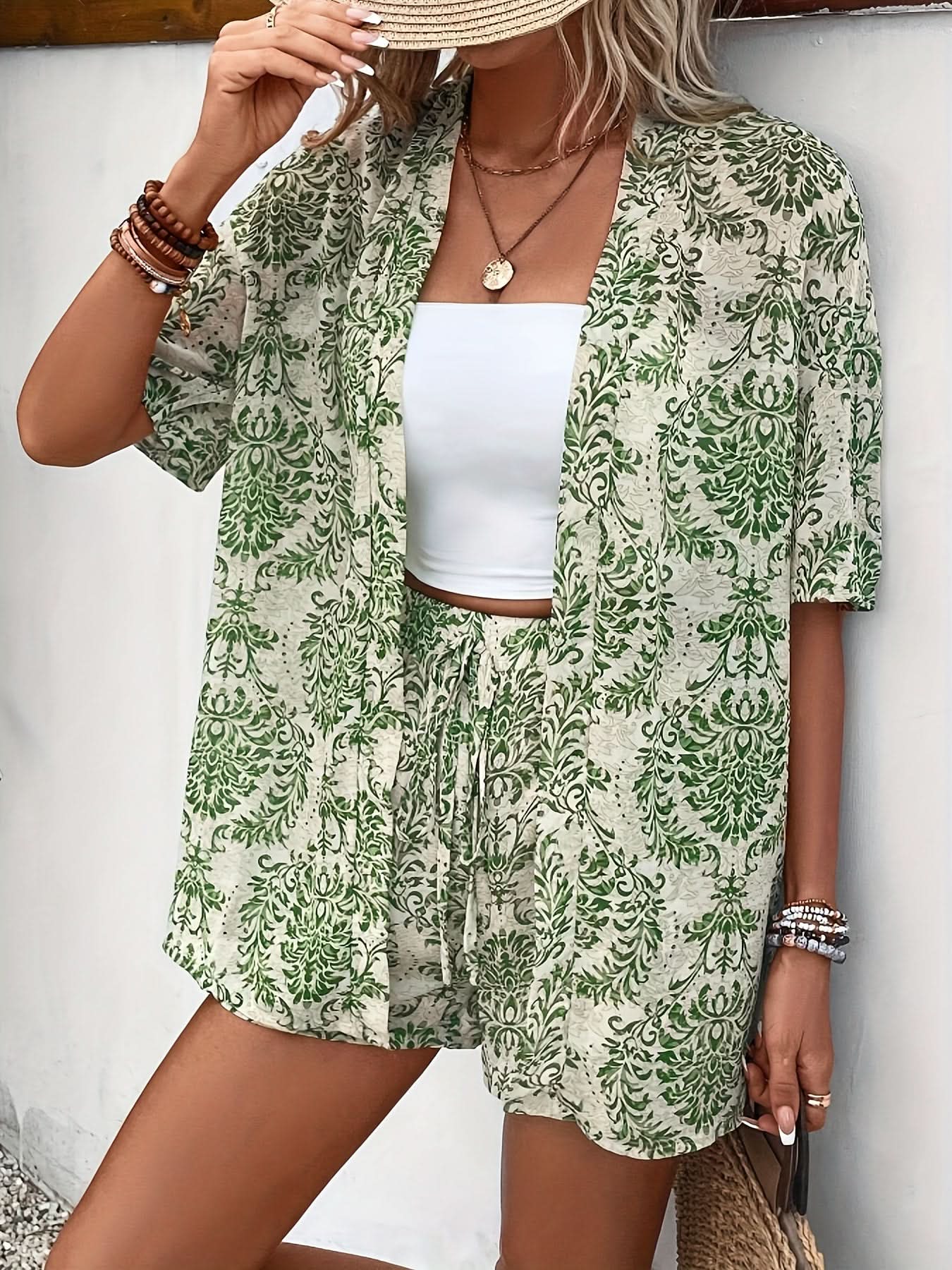 Elegant Two - Piece Set — Floral Cardigan & Tie - Detail Shorts - Maison Moriah