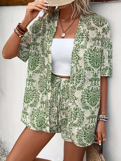Elegant Two - Piece Set — Floral Cardigan & Tie - Detail Shorts - Maison Moriah