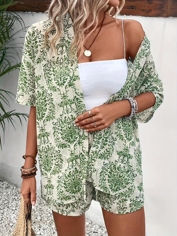 Elegant Two - Piece Set — Floral Cardigan & Tie - Detail Shorts - Maison Moriah