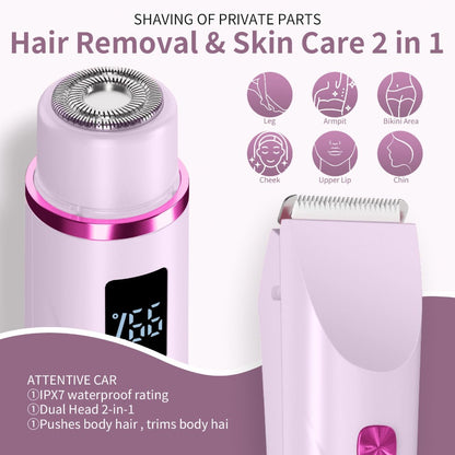 2-In-1 Electric Shaver for Women, Bikini Trimmer & Facial Hair Removal with LED Power Display, IPX7 Waterproof Wet & Dry Rechargeable Body Razor for Legs, Underarms, And Sensitive Areas