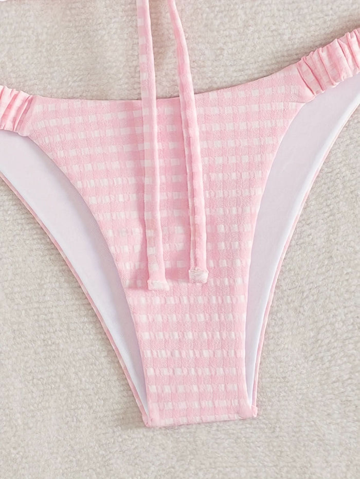 Mallorca Sweet – Pink & White Plaid Tie - Back Bikini Set - Maison Moriah