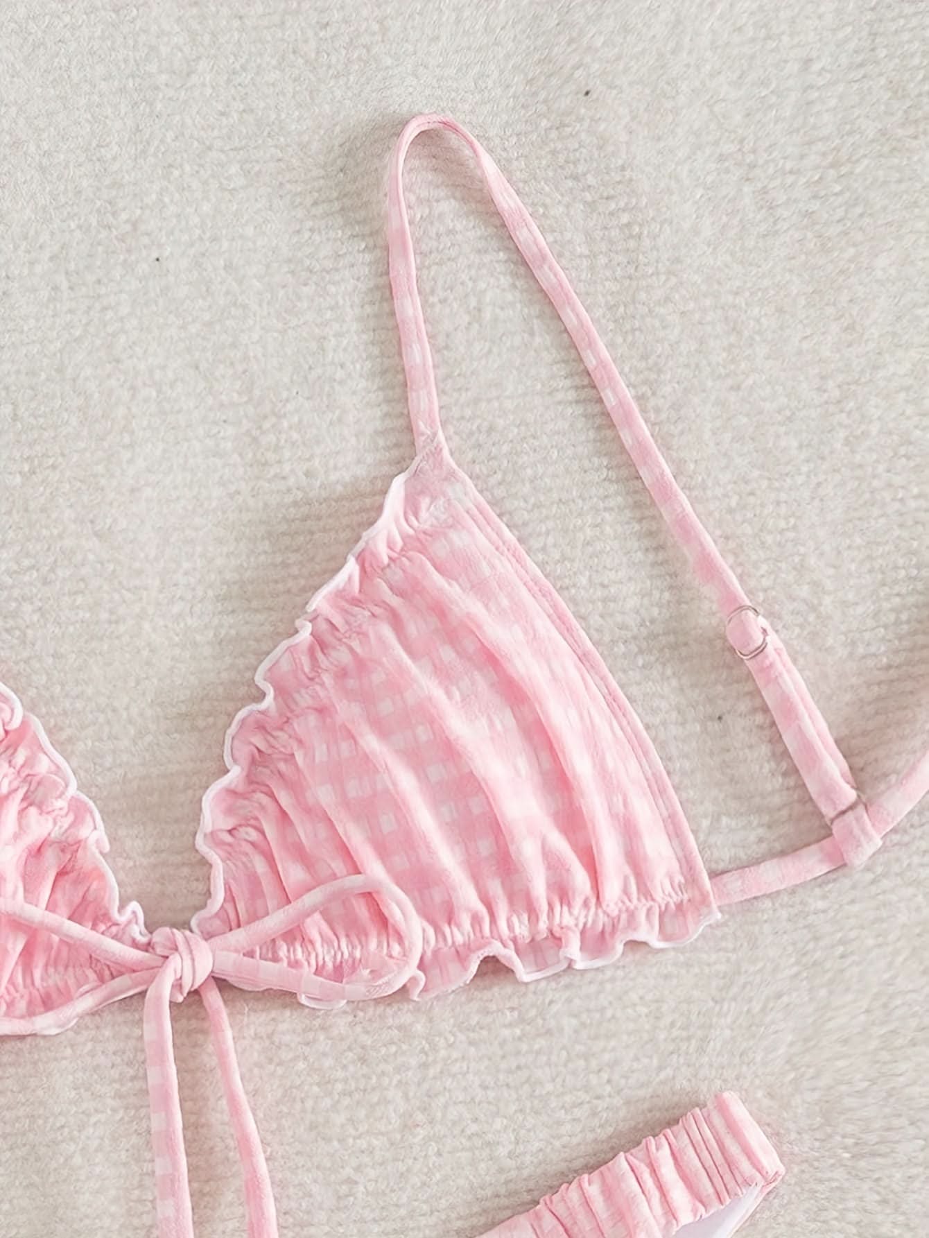 Mallorca Sweet – Pink & White Plaid Tie - Back Bikini Set - Maison Moriah