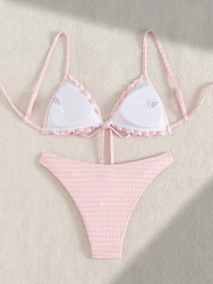 Mallorca Sweet – Pink & White Plaid Tie - Back Bikini Set - Maison Moriah