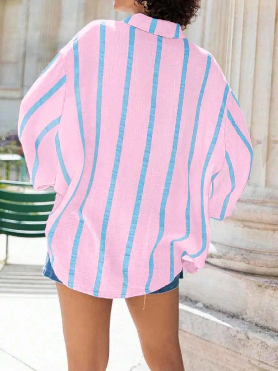 Portofino Pink — Women's Pink Striped Chiffon Blouse - Maison Moriah