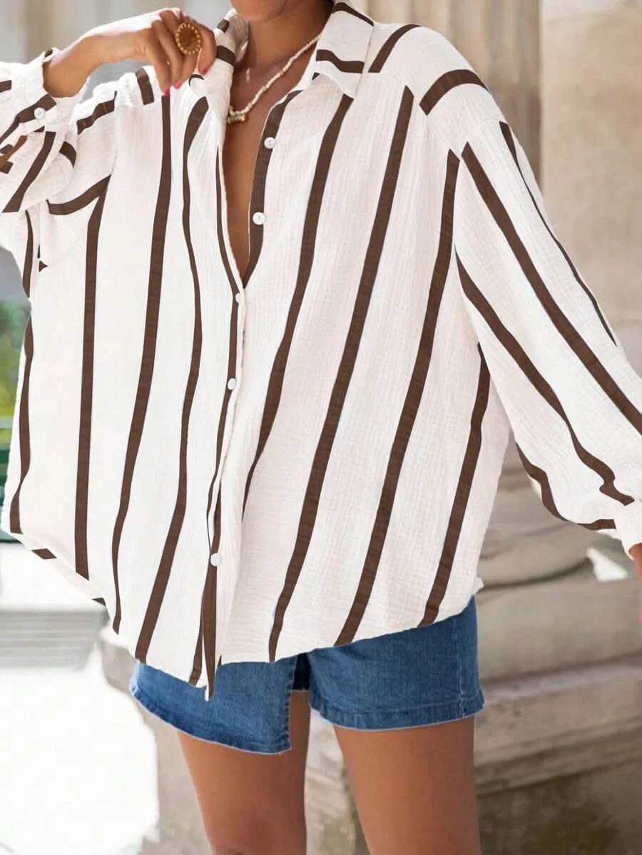 Portofino Pink — Women's Pink Striped Chiffon Blouse - Maison Moriah