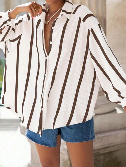 Portofino Pink — Women's Pink Striped Chiffon Blouse - Maison Moriah
