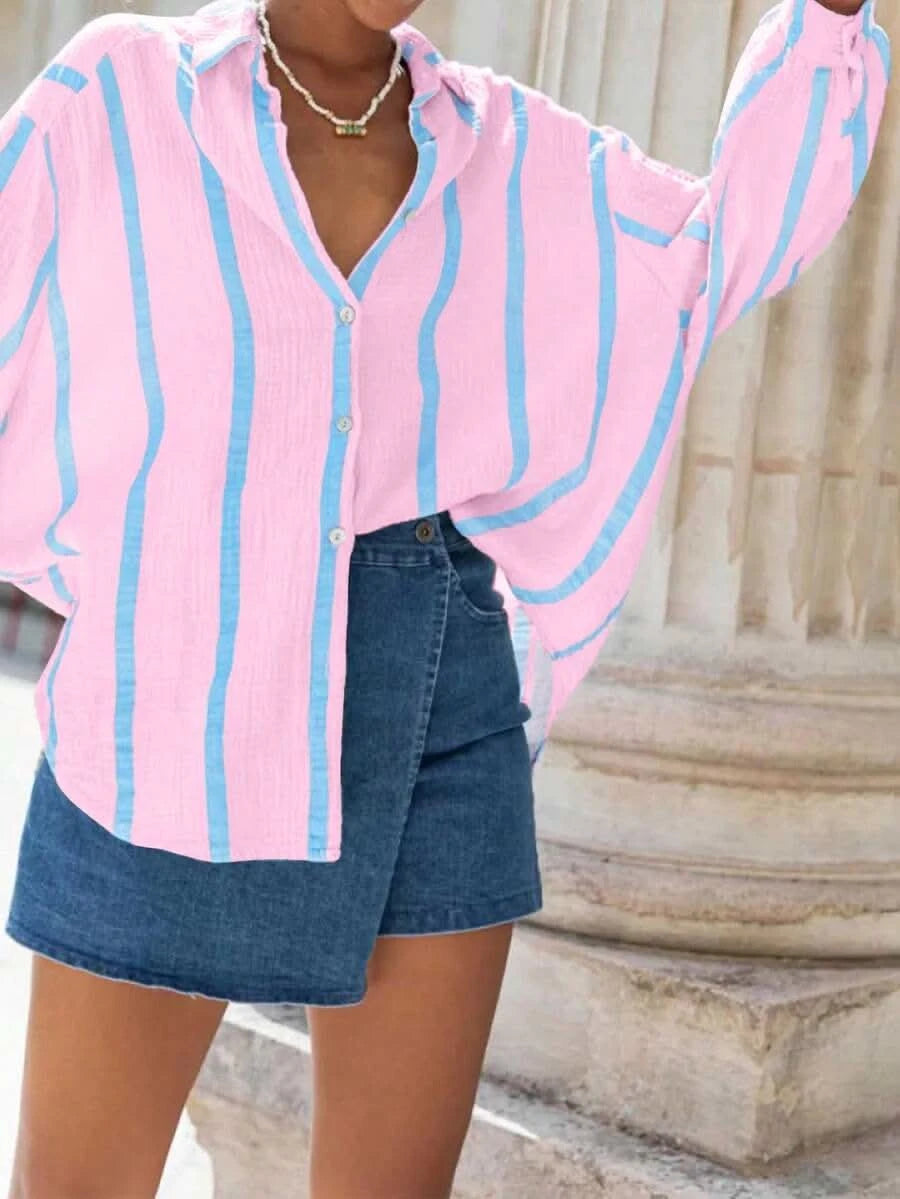 Portofino Pink — Women's Pink Striped Chiffon Blouse - Maison Moriah