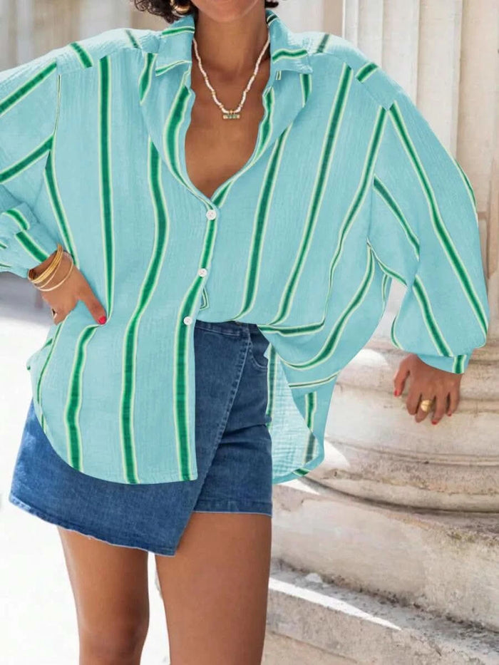 Portofino Pink — Women's Pink Striped Chiffon Blouse - Maison Moriah