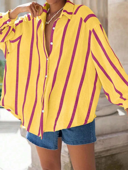 Portofino Pink — Women's Pink Striped Chiffon Blouse - Maison Moriah