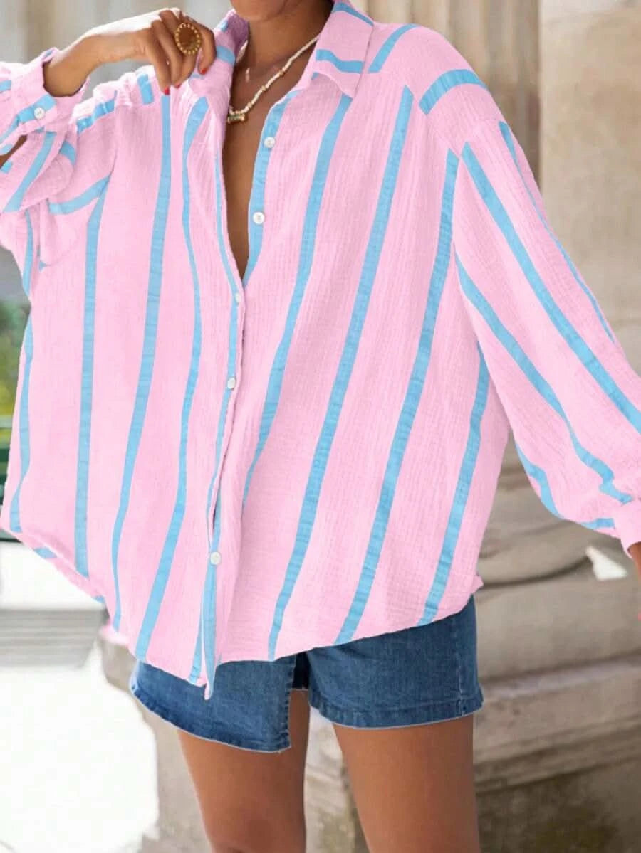 Portofino Pink — Women's Pink Striped Chiffon Blouse - Maison Moriah