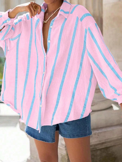 Portofino Pink — Women's Pink Striped Chiffon Blouse - Maison Moriah
