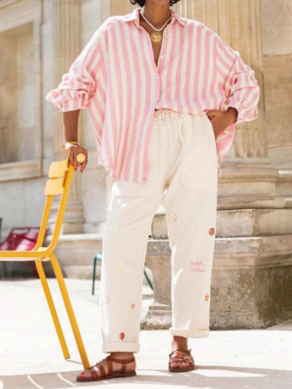 Portofino Pink — Women's Pink Striped Chiffon Blouse - Maison Moriah