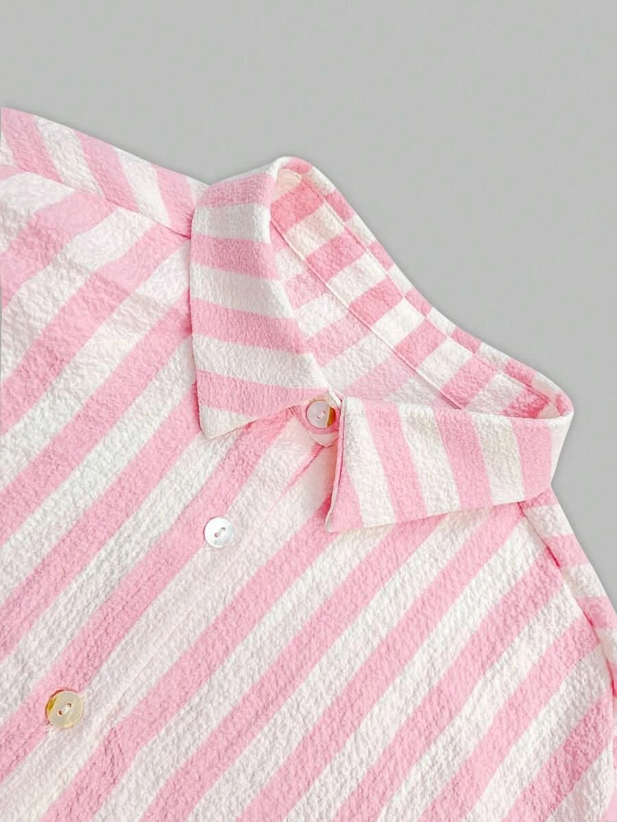 Portofino Pink — Women's Pink Striped Chiffon Blouse - Maison Moriah