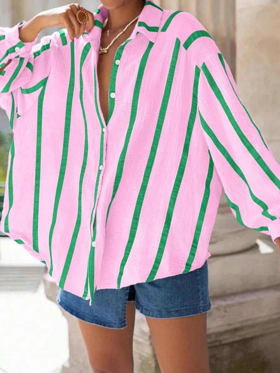 Portofino Pink — Women's Pink Striped Chiffon Blouse - Maison Moriah