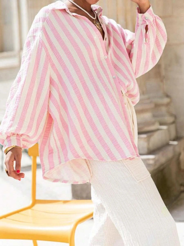 Portofino Pink — Women's Pink Striped Chiffon Blouse - Maison Moriah