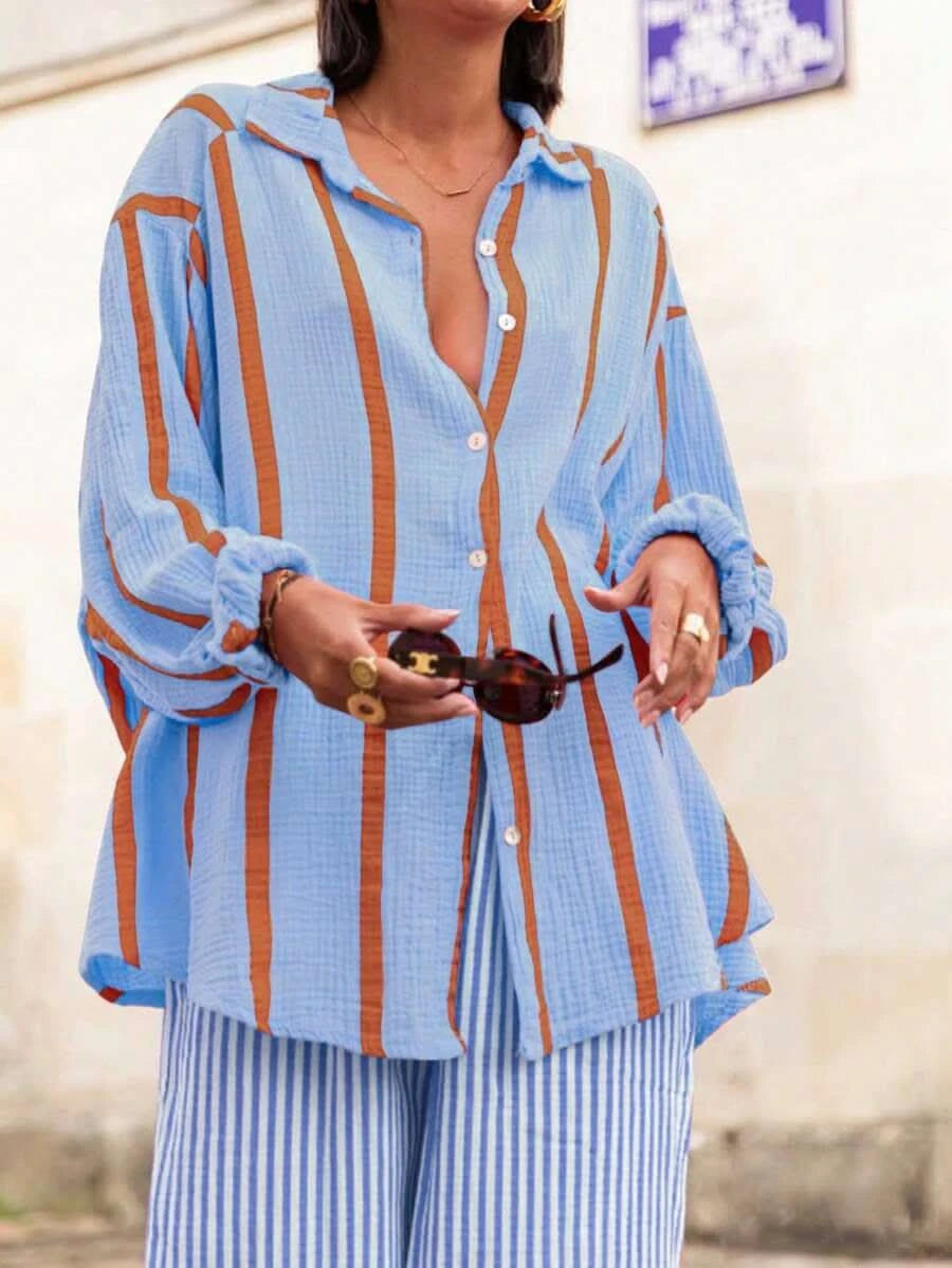 Portofino Pink — Women's Pink Striped Chiffon Blouse - Maison Moriah