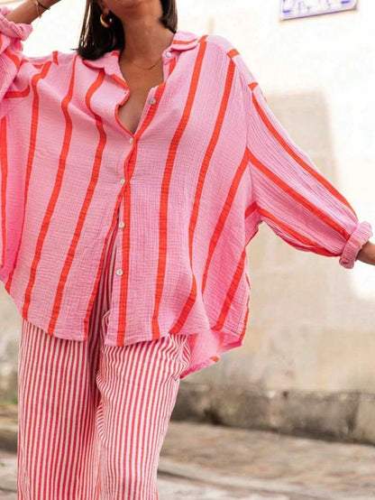 Portofino Pink — Women's Pink Striped Chiffon Blouse - Maison Moriah