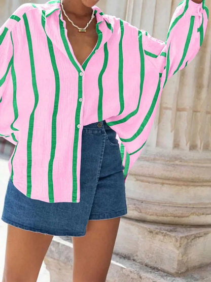 Portofino Pink — Women's Pink Striped Chiffon Blouse - Maison Moriah
