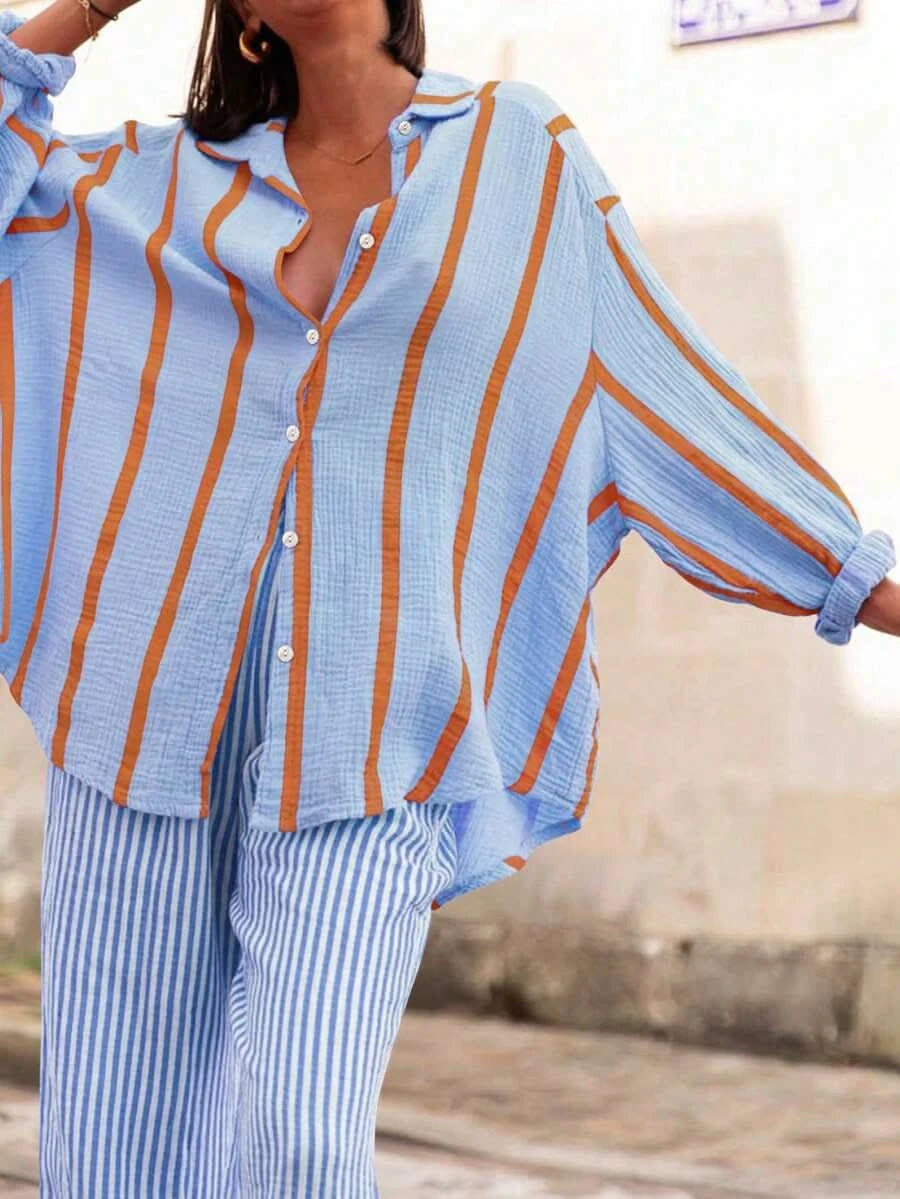 Portofino Pink — Women's Pink Striped Chiffon Blouse - Maison Moriah