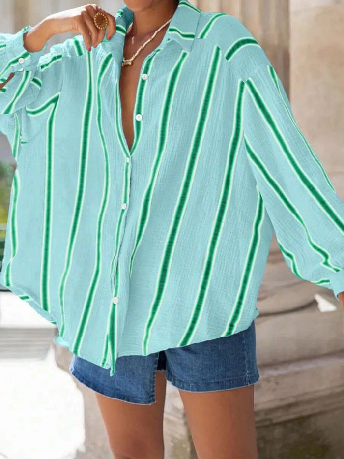 Portofino Pink — Women's Pink Striped Chiffon Blouse - Maison Moriah