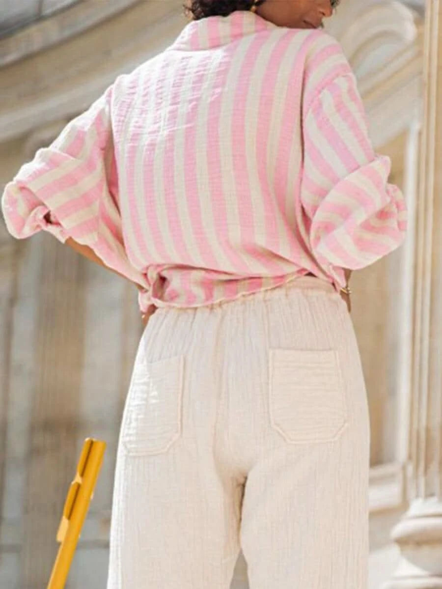 Portofino Pink — Women's Pink Striped Chiffon Blouse - Maison Moriah