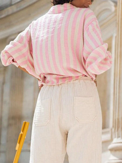 Portofino Pink — Women's Pink Striped Chiffon Blouse - Maison Moriah