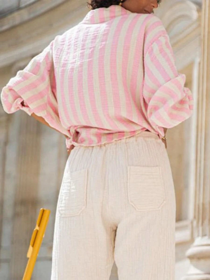 Portofino Pink — Women's Pink Striped Chiffon Blouse - Maison Moriah