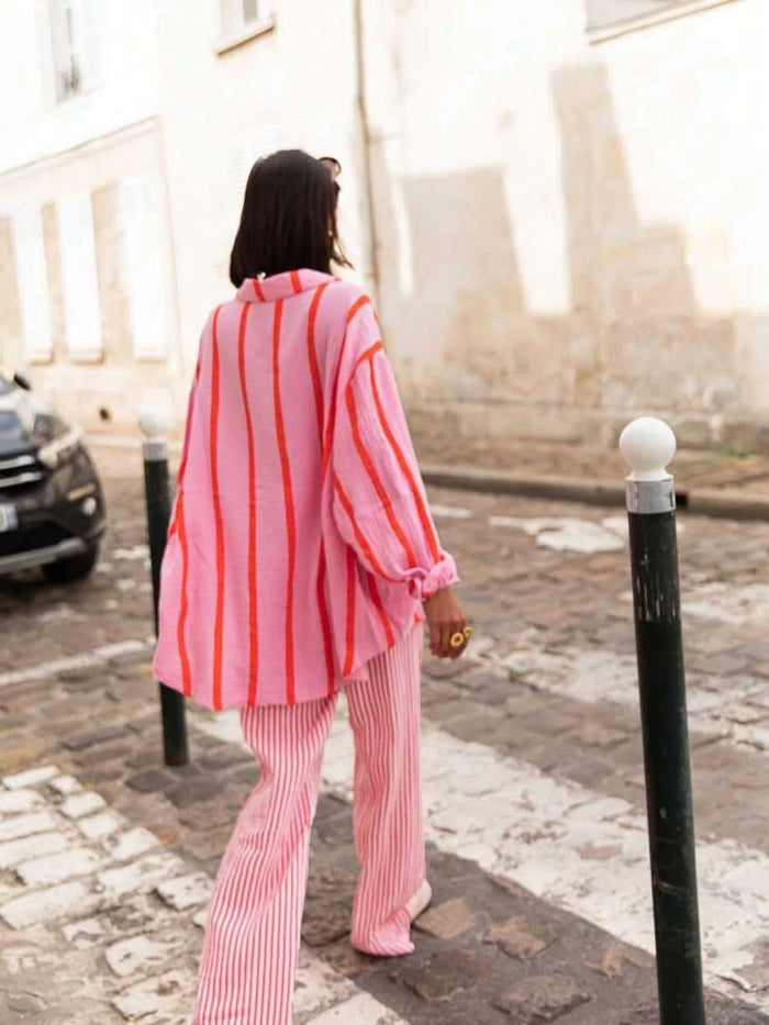 Portofino Pink — Women's Pink Striped Chiffon Blouse - Maison Moriah