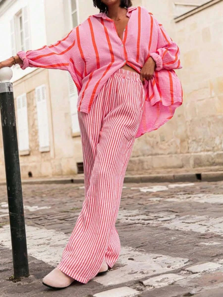 Portofino Pink — Women's Pink Striped Chiffon Blouse - Maison Moriah