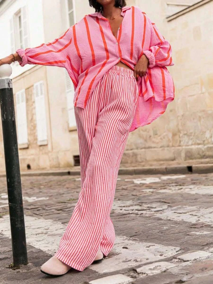 Portofino Pink — Women's Pink Striped Chiffon Blouse - Maison Moriah