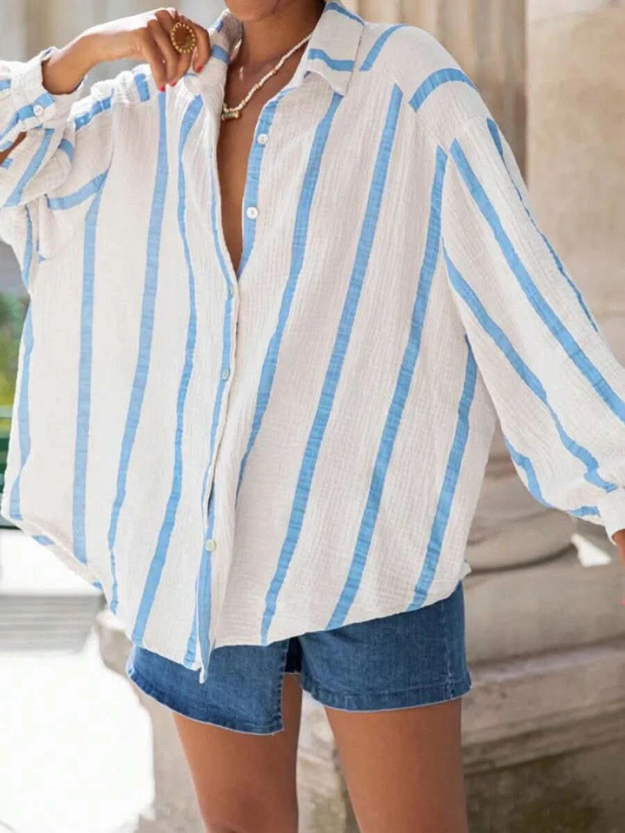 Portofino Pink — Women's Pink Striped Chiffon Blouse - Maison Moriah