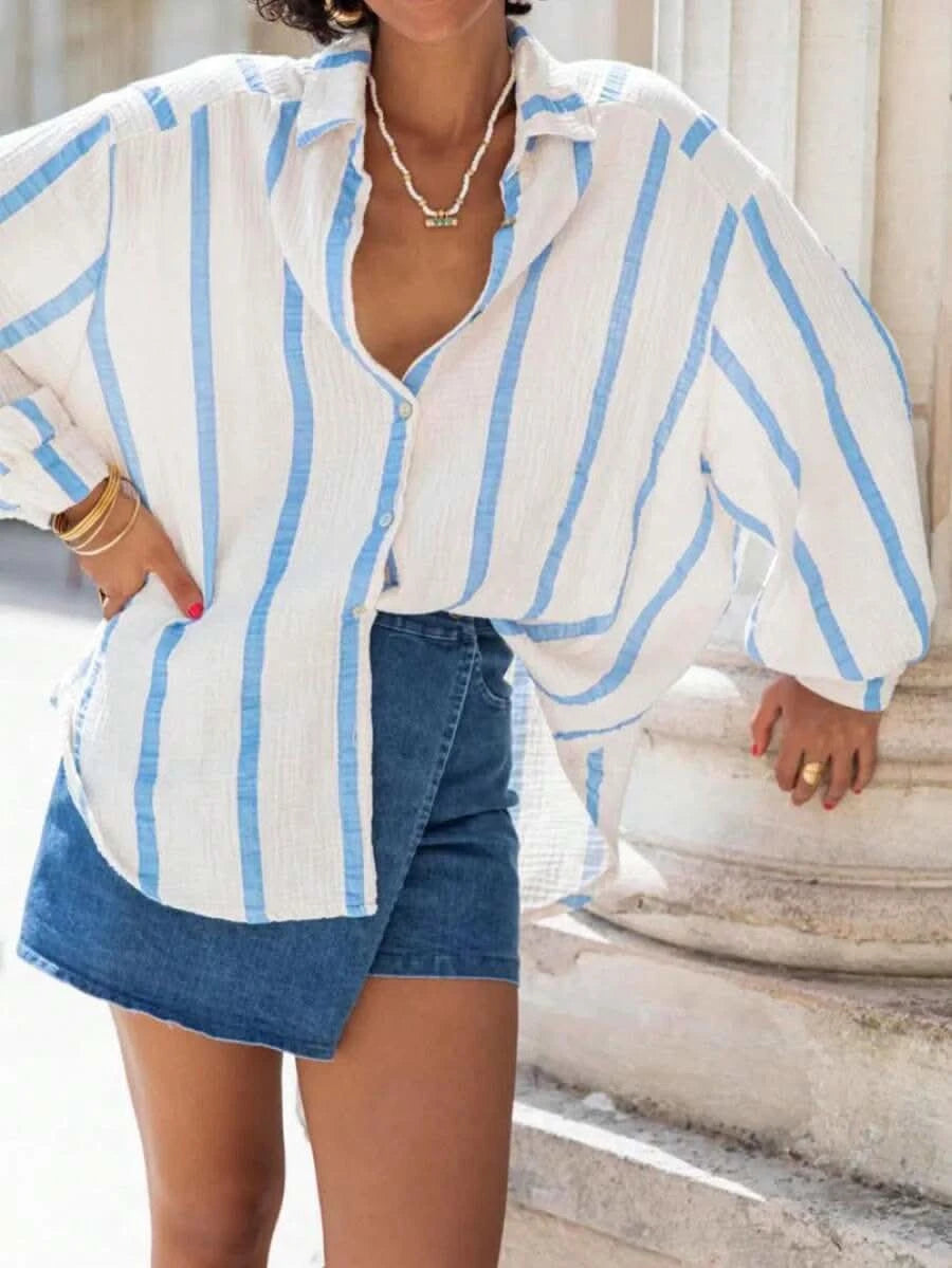 Portofino Pink — Women's Pink Striped Chiffon Blouse - Maison Moriah