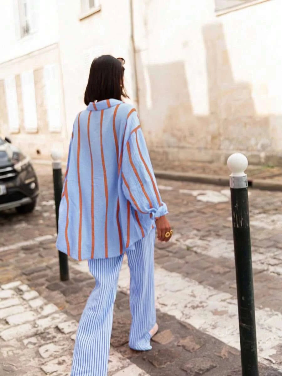 Portofino Pink — Women's Pink Striped Chiffon Blouse - Maison Moriah