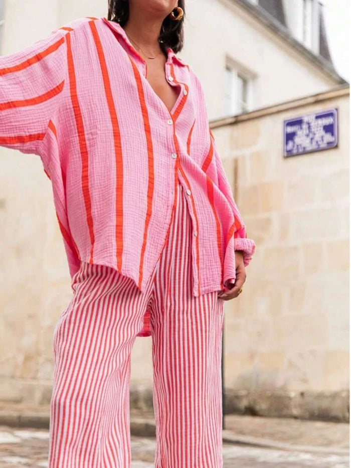 Portofino Pink — Women's Pink Striped Chiffon Blouse - Maison Moriah