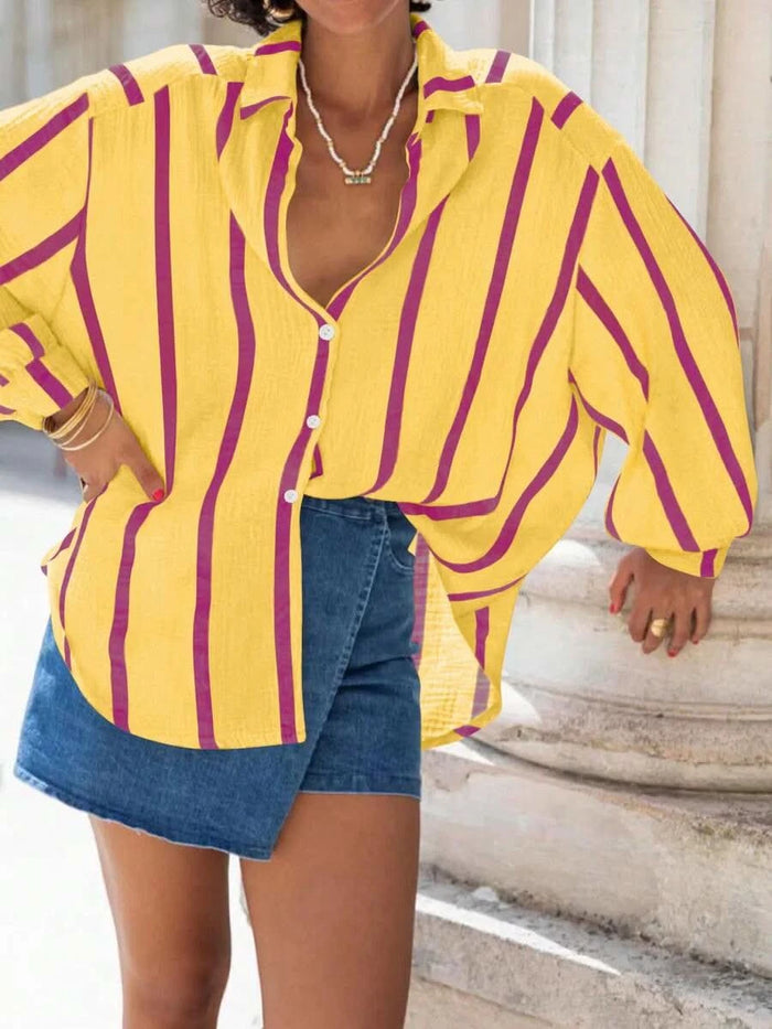 Portofino Pink — Women's Pink Striped Chiffon Blouse - Maison Moriah