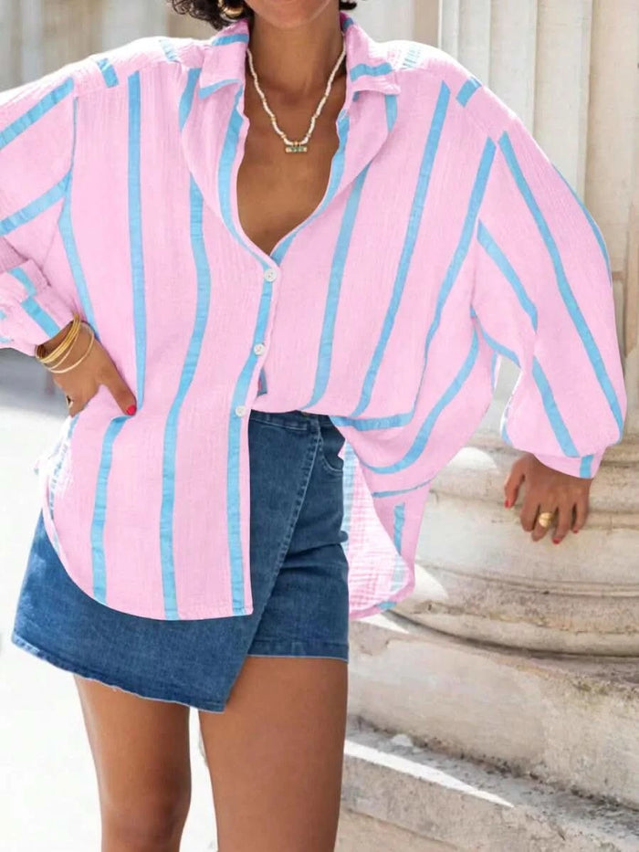 Portofino Pink — Women's Pink Striped Chiffon Blouse - Maison Moriah
